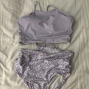 Striped and Floral Purple Bathing Suit Set